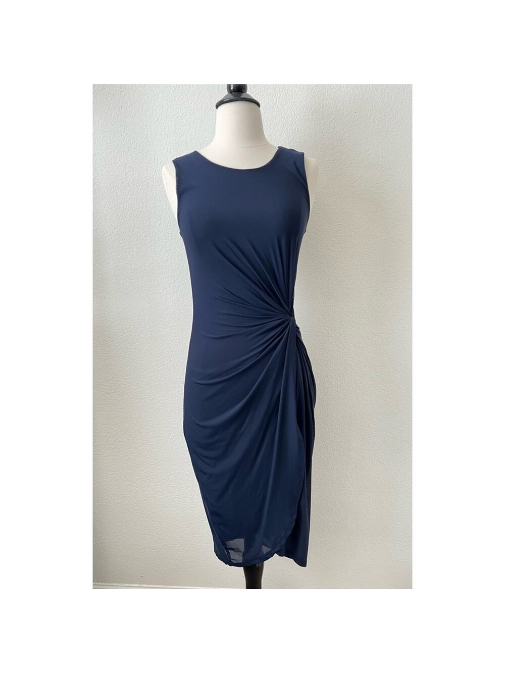T Tahari Bellini Dress Navy Blue Micro Mesh Side Knot Sleeveless Bodycon
